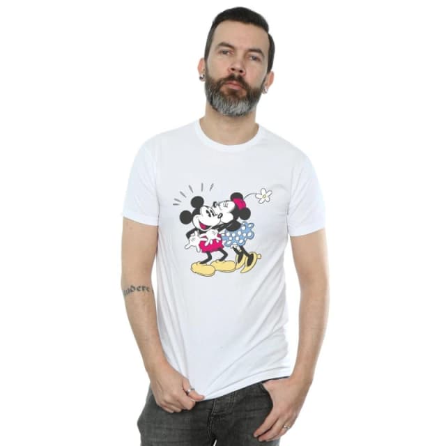 Disney Men Mickey And Minnie Mouse Kiss T-Shirt in White Size: Small White S Male 5057864465853