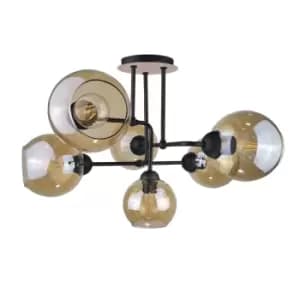 Monde Multi Arm Semi Flush Ceiling Light Wood, 55cm, 6x E27