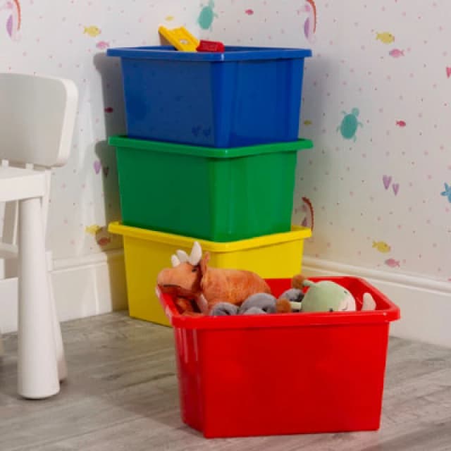 Wham Stack & Store 4X 30L Plastic Storage Boxes. Ideal For Toys, Classrooms & Playrooms. Integrated Handles. Mixed Colours