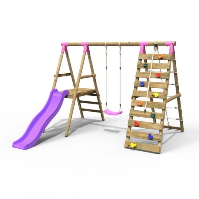 Rebo Wooden Swing Set with Up and Over Climbing Wall and Slide - Amber Pink Pink