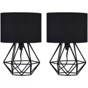 Minisun - 2 x Small Geometric Table Lamps Industrial Metal Cage Design - Black