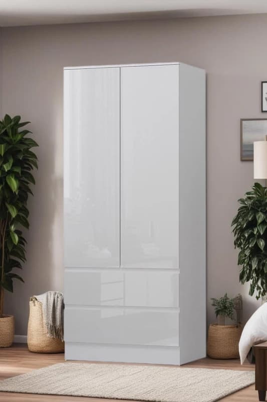 FWStyle FWStyle White Gloss 2 Door Wardrobe With 2 Drawers Scratch Resistant White One Size Unisex 5056413127600