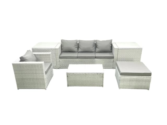 Fimous 6 Pieces Rattan Garden Furniture Set Outdoor Garden Sofa Chair Coffee Table Set with 2 Side Tables Big Footstool Light Grey Mixed Light Grey
