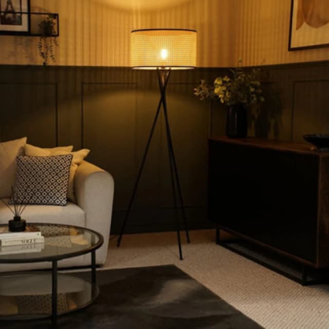 ValueLights Camden Black Tripod Floor Lamp Light with Cane Shade Natural