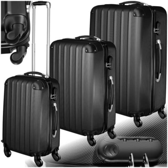 Tectake Suitcase Set - 3 Hard-Shell Suitcases With Telescopic Handle, Swivel Wheels - Black
