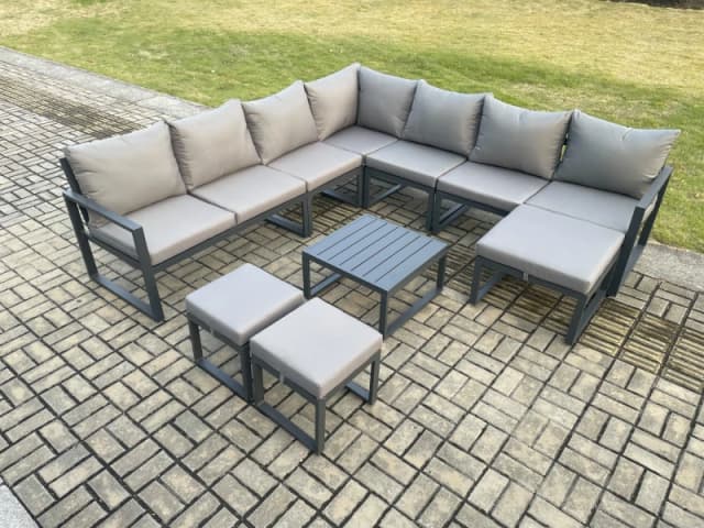 Fimous Aluminium Outdoor Garden Furniture Set Lounge Corner Sofa Square Coffee Table Sets with 3 Footstools Dark Grey Dark Grey Unisex