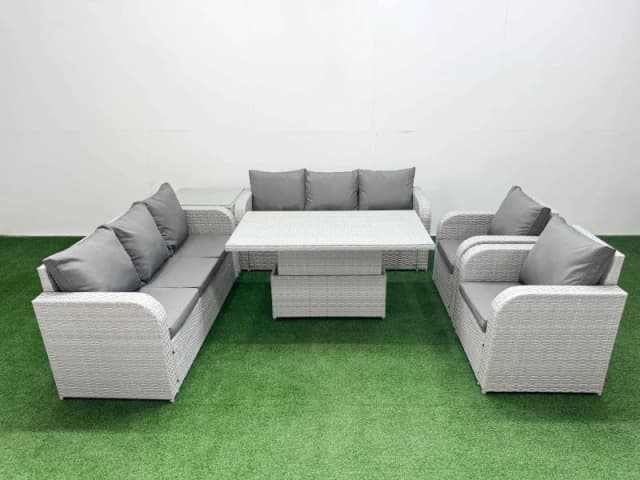 Fimous PE Rattan High Back Lounge Sofa Set Patio Adjustable Lifting Dining or Coffee Table & Chairs Set with 3 Seater Sofa Reclining Chair Side Table