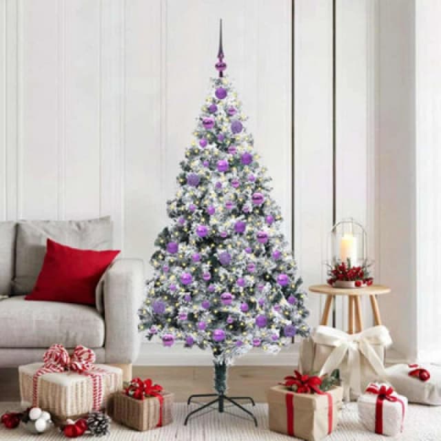 vidaXL Artificial Christmas Tree with 300 LEDs, Lilac Balls with Stand Snow Flocked Green 180 cm, Green 3396968