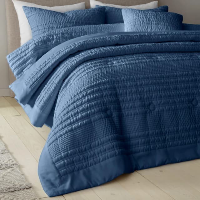 Catherine Lansfield Lennon Stripe Seersucker Quilted Bedspread Bedspreads 220x220cm Blue 41776318000