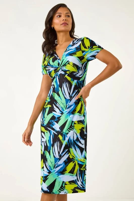 Roman Leaf Print Twist Front Midi Dress Blue