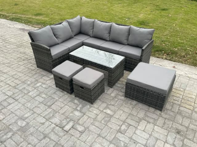 Fimous 9 Seater Outdoor Rattan Garden Furniture Set Corner Sofa Oblong Coffee Table Sets with Patio 3 Footstools Dark Grey Mixed Dark Grey
