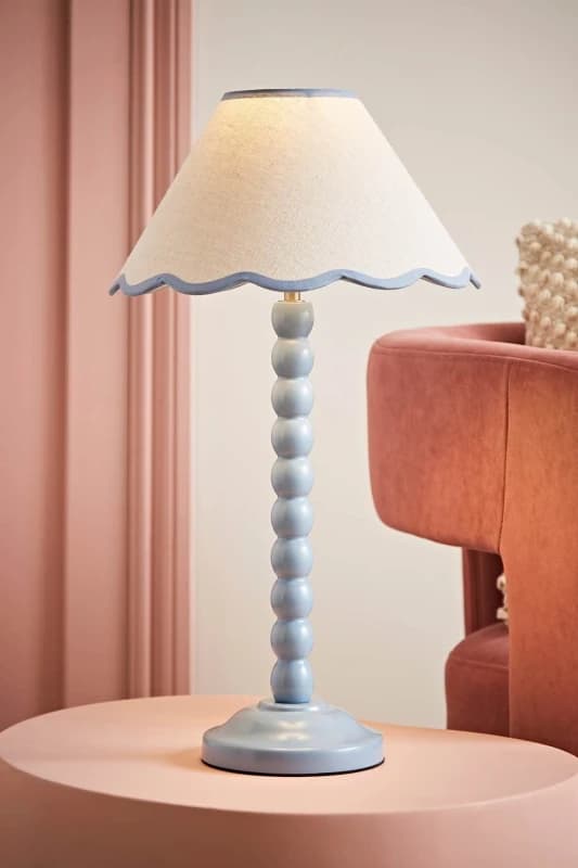ValueLights Bobbins Powder Blue Table Lamp with Tapered Natural Linen Scallop Shade Blue