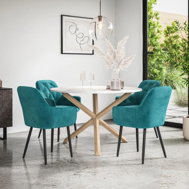 More4Homes Malvern Round Dining Table And Chairs - Marble Table Top W Solid Oak Legs + Anika Velvet Dining Chair Set Of 4 (Blue)