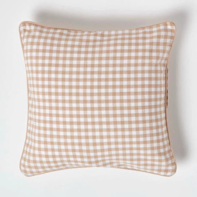 Homescapes Cotton Gingham Check Beige Cushion Cover, 45 X 45 Cm