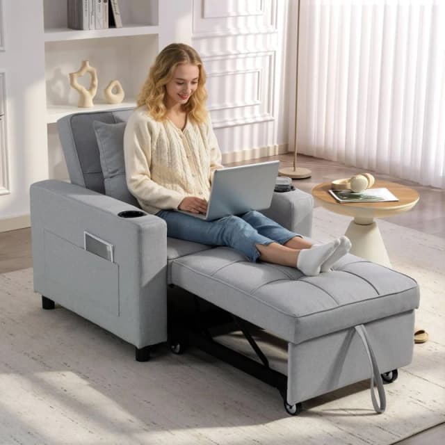 HOMCOM 3-in-1 Sofa Bed, Convertible Sleeper Chair with Adjustable Backrest in Light Grey Size: 1 Seater Light Grey Unisex 1 Seater