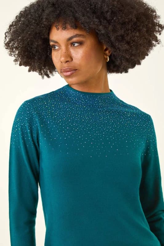 Roman Womens Sparkly High Neck Knit Jumper in Dark Green Size: 18 Dark Green Female 18
