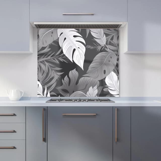 Warren Reed - Designer Black White Tropical Leaves Kitchen Splashback in Grey Size: 600mm x 750mm Grey Unisex 600mm x 750mm