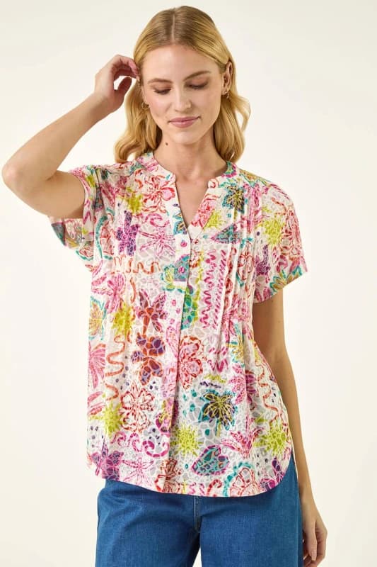 Roman Womens Tropical Palm Burnout Shirt in Pink Size: 18 Pink Female 18