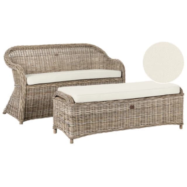 Beliani Garden Bench With Cushion Susua 150 Cm With Ottoman Rattan Natural