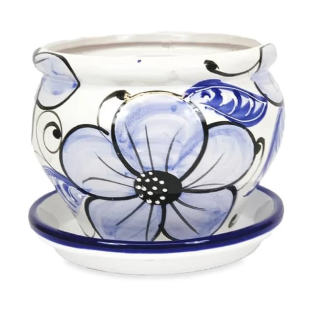 Verano Spanish Ceramics Blue Flowers Hand Painted Outdoor Garden Bola Pot & Drainage Plate (D) 25cm Blue unisex