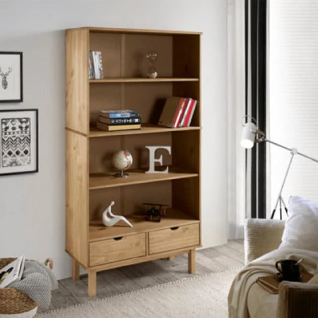 Vidaxl Bookcase Otta With 2 Drawers Brown Solid Wood Pine, Brown 351303