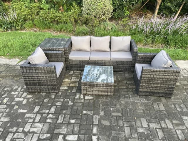 Fimous Outdoor Lounge Sofa Set Wicker PE Rattan Garden Furniture Set with 2 Armchairs Side Table Squar Coffee Table Dark Grey