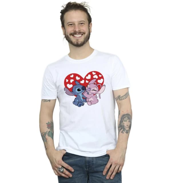 Disney Men Lilo & Stitch Hearts T-Shirt in White Size: Small White S Male 5063153540385