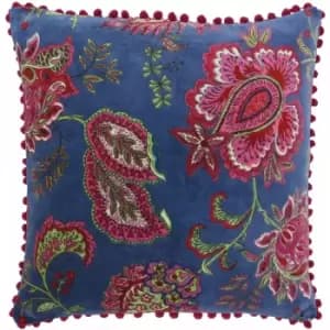 Riva Paoletti - Malisa Paisley Indian Print Faux Velvet Pom Pom Fringed Cushion Cover, Smoke Blue, 50 x 50 Cm