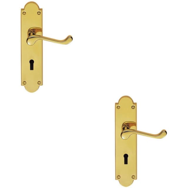 Loops 2x PAIR Victorian Scroll Handle on Lock Backplate 205 x 49mm Polished Brass Metallics