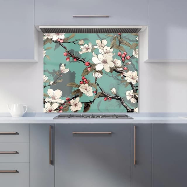 Warren Reed - Designer Pink Blossom Asian Design Kitchen Splashback in Green Size: 600mm x 750mm Green Unisex 600mm x 750mm