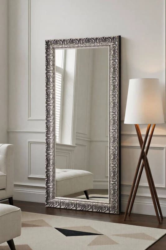 Yearn Mirrors Yearn Mirrors Carved Framed Bevelled Full Length Mirror Silver 169x77cm Silver One Size Unisex 0716053063458