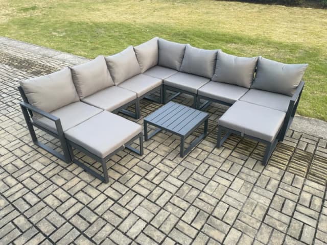 Fimous Aluminium Outdoor Garden Furniture Set Lounge Corner Sofa Square Coffee Table Sets with 2 Big Footstools Dark Grey Dark Grey Unisex