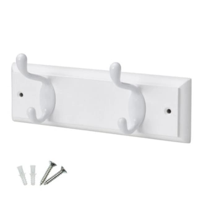 Keypak 2-Hook Door Wall Mounted Coat Rack, 22.5Cm - White Wooden Board, White Coat Hooks - Fixings Included