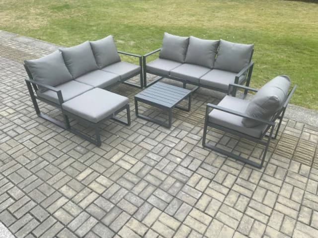 Fimous Aluminium 8 Seater Outdoor Garden Furniture Lounge Sofa Set with Square Coffee Table Chair Big Footstool Dark Grey Dark Grey Unisex