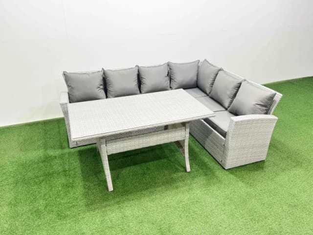 Fimous Rattan Garden Furniture Set Outdoor 6 Seater Patio Dining Corner Sofa in Light Grey Light Grey Unisex