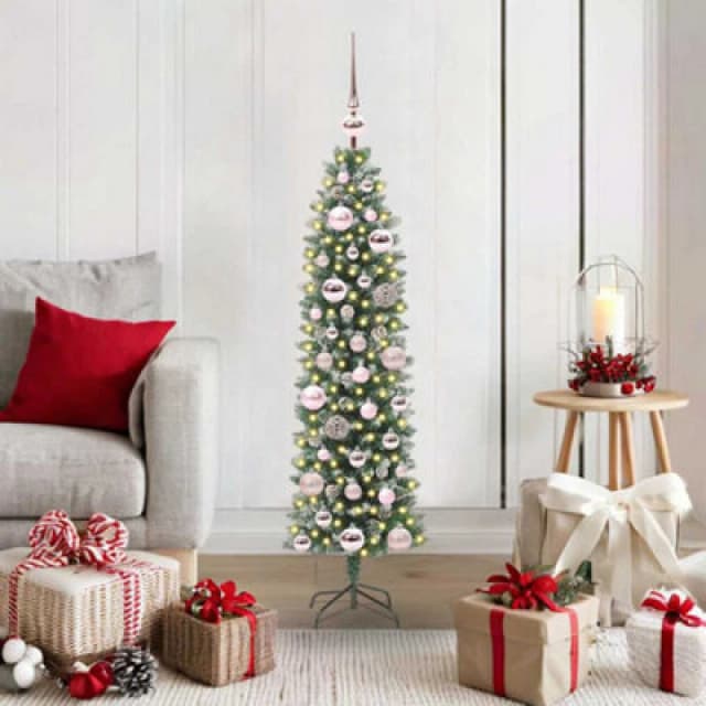 vidaXL Artificial Slim Christmas Tree with Pink Balls Green and white 120 cm, Green 3395271