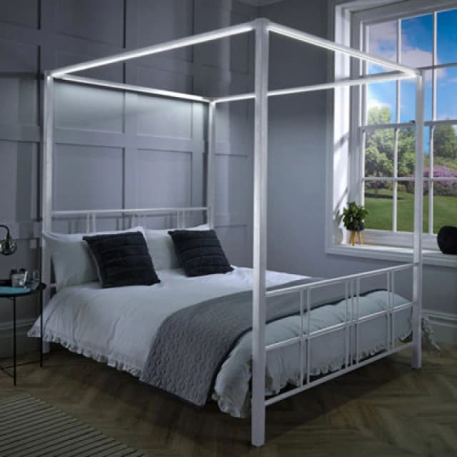 X Rocker Fern Four Poster Bed with LED Lighting White