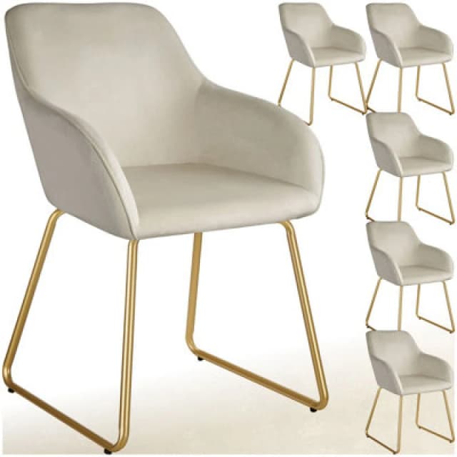 Tectake Set Of 6 Dining Chair Jeane - Velvet Look, Cantilever Frame - Velvet Look Cream/gold