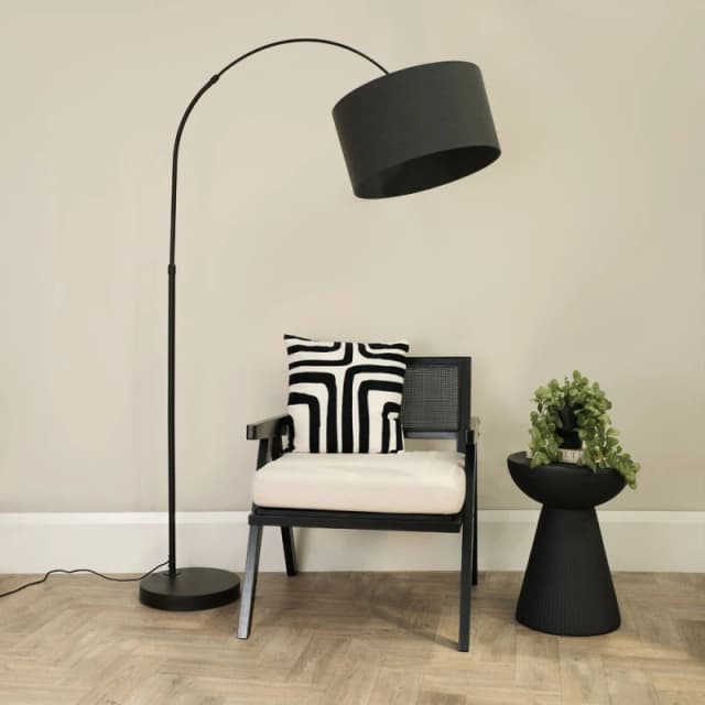 ValueLights Louis Black Arched Curved Floor Lamp with Fabric Drum Lamp Shade Charcoal