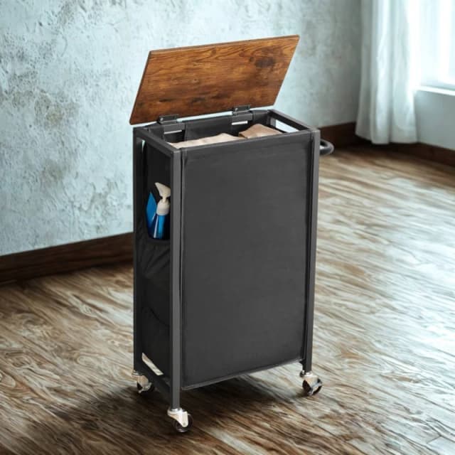 FURNOS Industrial Laundry Basket Trolley With Shelf & Wheels in Black Unisex