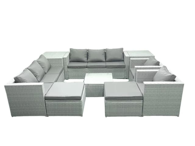 Fimous Outdoor Rattan Sofa Garden Furniture Set with 2 Armchairs Square Coffee Table 2 Big Footstools 2 Side Tables Light Grey Mixed Light Grey