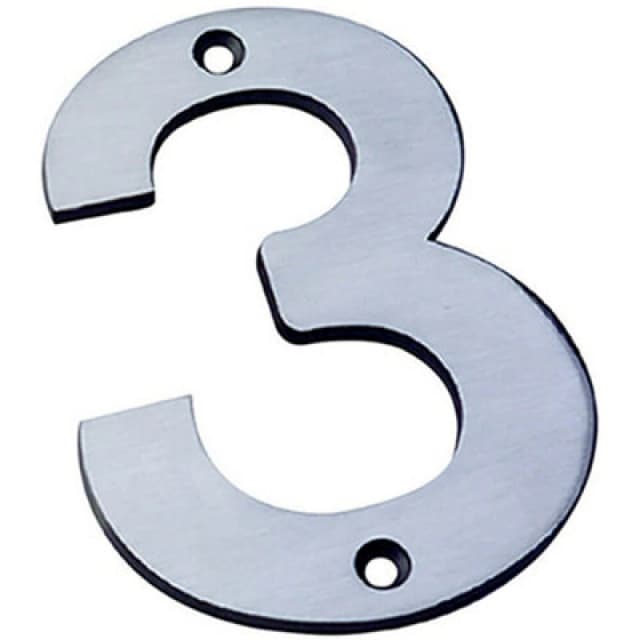 Loops 100mm Front Door Numerals '3' 85.5mm Fixing Centres Satin Stainless Steel Metallics