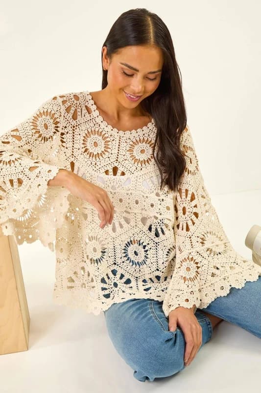 Roman Womens Petite Crochet Flare Sleeve Top in Natural Size: S/M Natural Female S/M