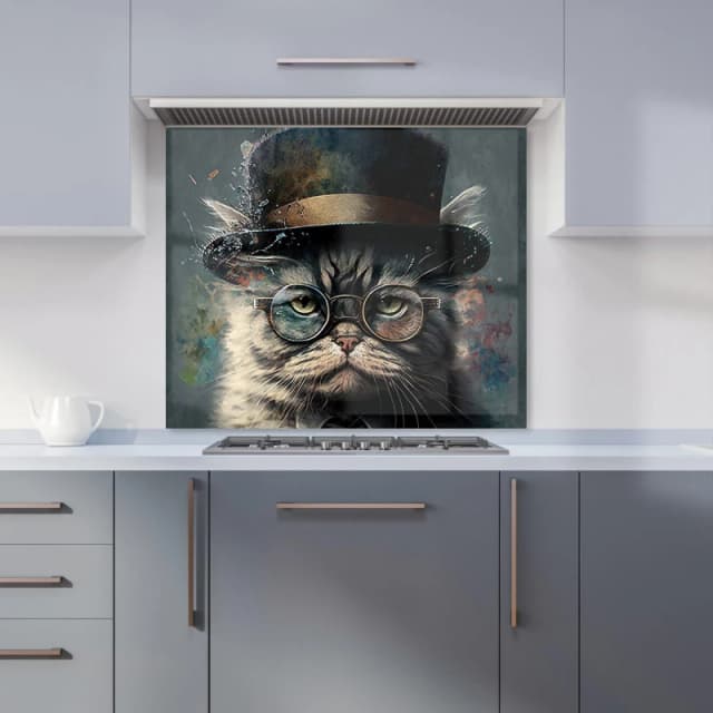 Warren Reed - Designer Selkirk Rex Cat With Glasses Splashart Kitchen Splashback Size: 600mm x 750mm Multicolor Unisex 600mm x 750mm