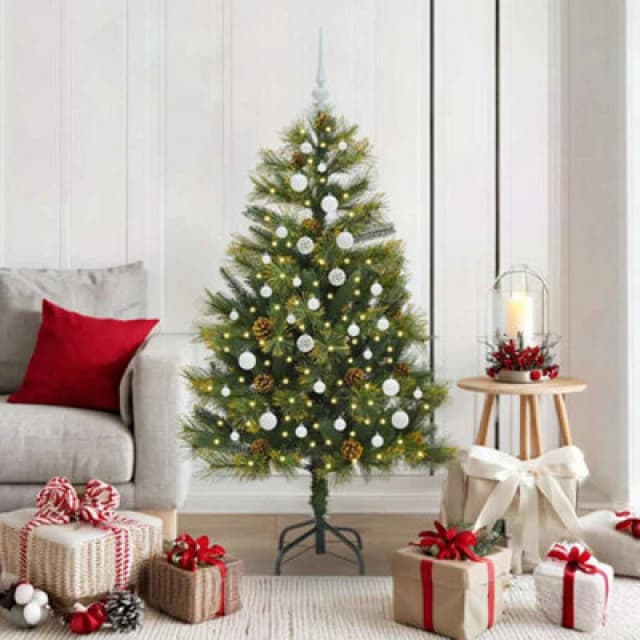 vidaXL Artificial Hinged Christmas Tree with Cones, White Balls Green 150 cm, Green 3395083