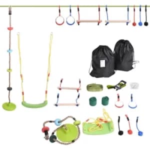 Outsunny Ninja Warrior Obstacle Course for Kids 46FT Slackline Kit with Rings Monkey Bars Fist Swing Climbing Rope Carry Bag Tree Protectors Training