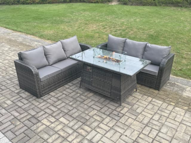 Fimous Rattan Garden Furniture Set with Fire Pit Table 3 Pieces Outdoor Lounge Sofa Set Dark Grey Mixed Dark Grey