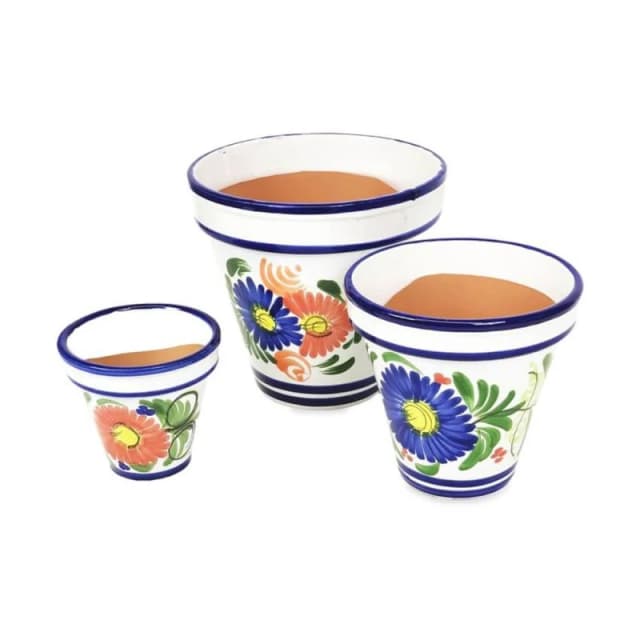 Verano Spanish Ceramics Floral Hand Painted Set of 3 Outdoor Garden Patio Classic Plant Pots (D) 16-29cm Multi