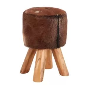 Round Stool in Brown Goat Hide with Teak Legs
