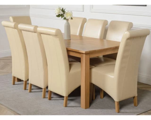 Thats Furniture Oslo 180 x 90cm Large Oak Dining Table & 8 Montana Leather Chairs in Cream Cream Unisex 180 x 90 cm